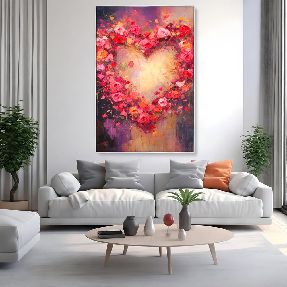 Tablou canvas cu tablou canvas cu inima din trandafiri, in rama de aluminiu argintiu, pe perete intr-un living